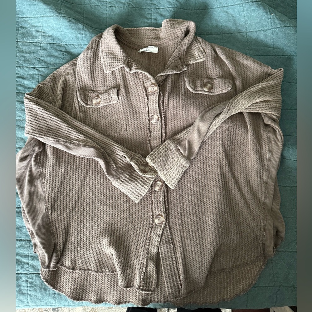 Zenana Outfitters Tan Ribbed Button Down Shirt